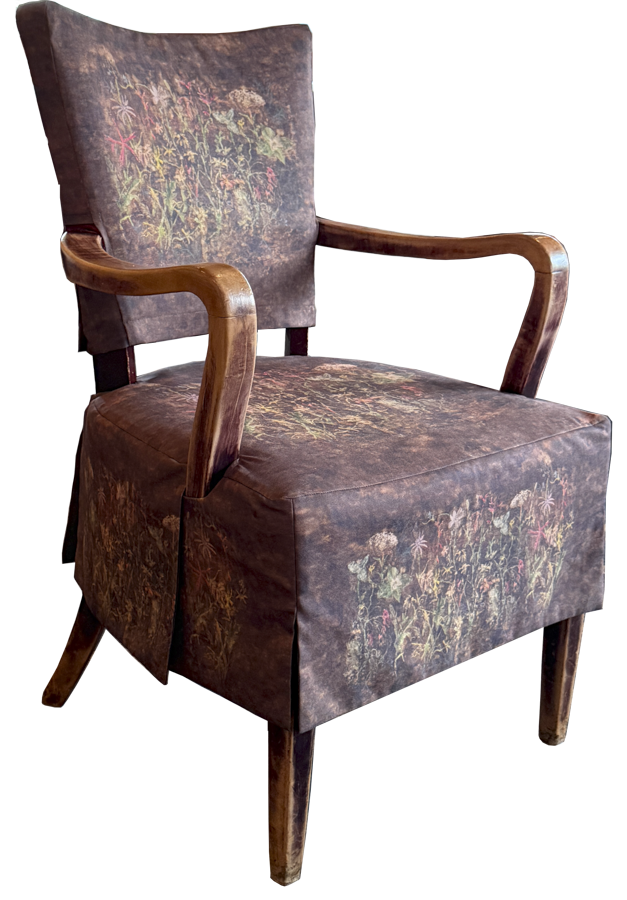 Chair Slipcovers Photo of chair with upholstery that Chip Holton's designed.