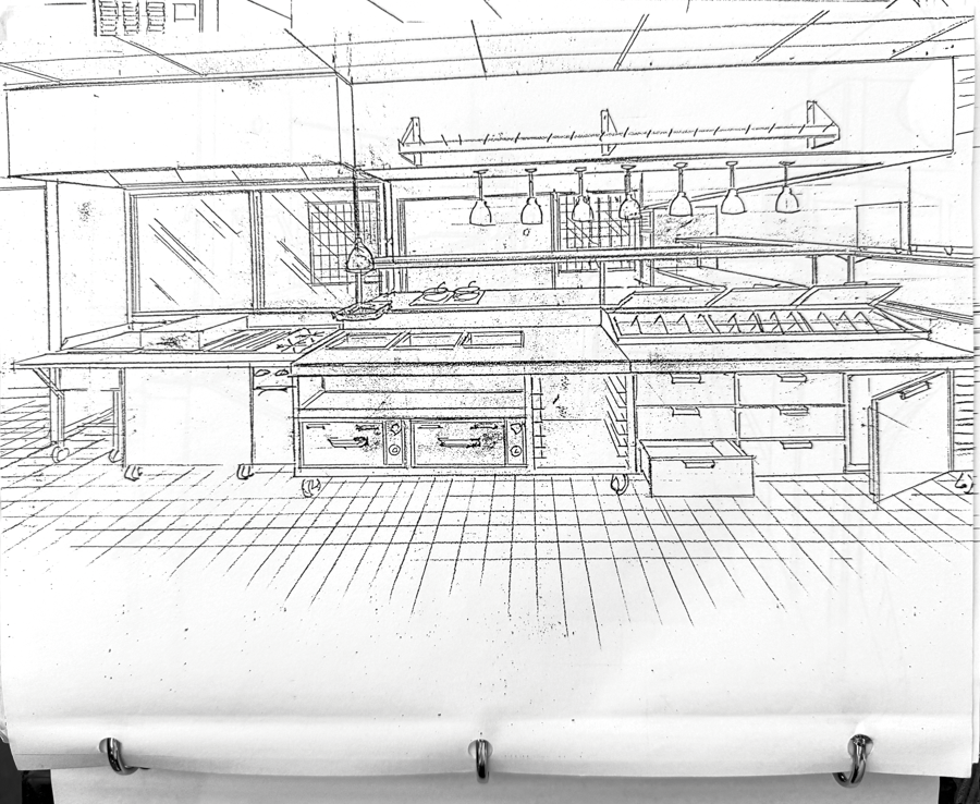 Sketch by Bill Carlisle Sketch by Bill Carlisle, shows the Lucky 32 cook line pick-up window.